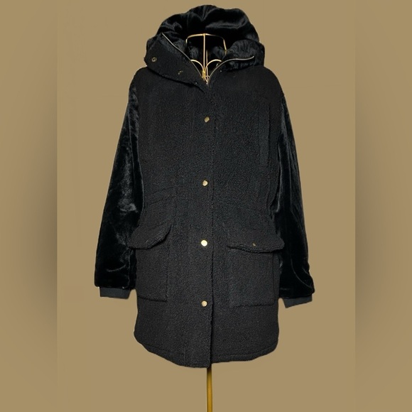 NEW Eden Society Sherpa Black Coat, Faux Fur Sleeves & Hood, Zipper, Pockets, M - Picture 2 of 16